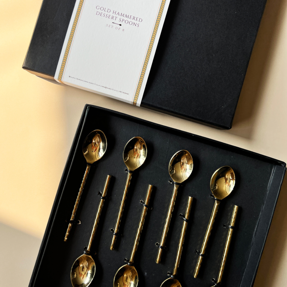 Golden Hammered Dessert Spoons - Set of 8